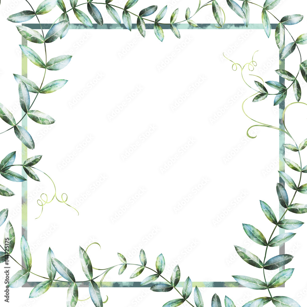Card, Watercolor wedding invitation design with leaves.  background. Template.  frame