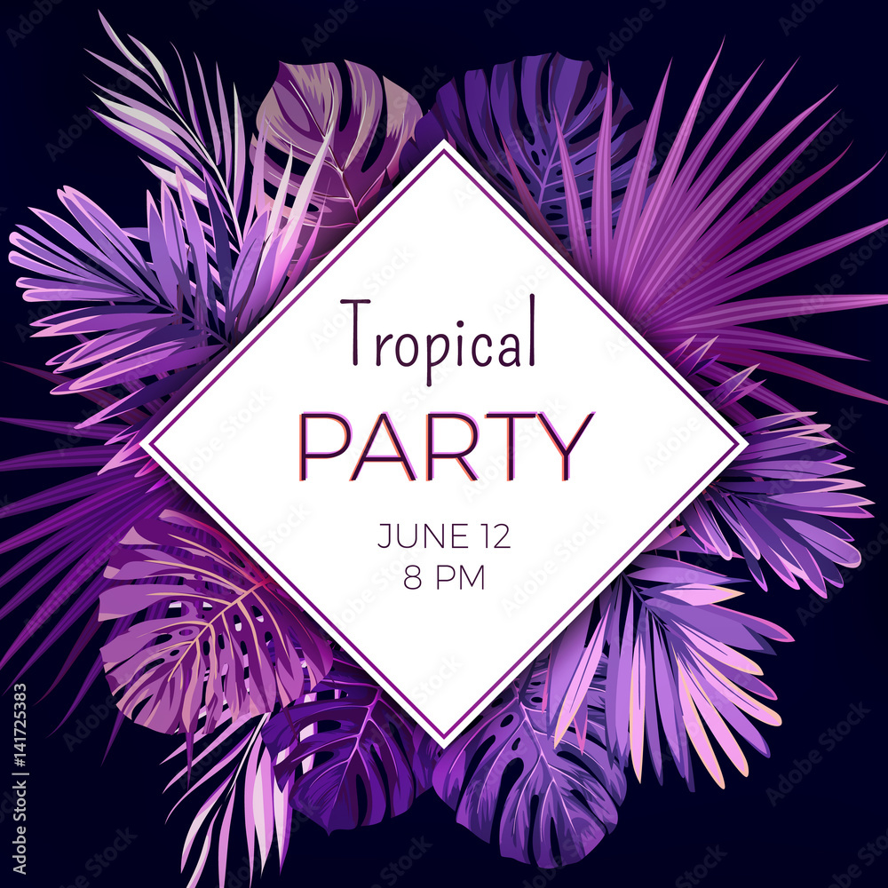 Obraz premium Purple neon vector floral banner template for summer beach party. Tropical flyer with exotic palm leaves and plants.