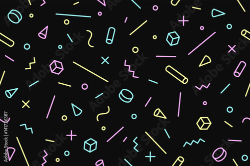 Seamless mephis graphic pattern 80s-90s trendy styles on black background. Colorful pattern with different shapes objects. Design for wrapping paper, fabric background, wallpaper. Vector illustration