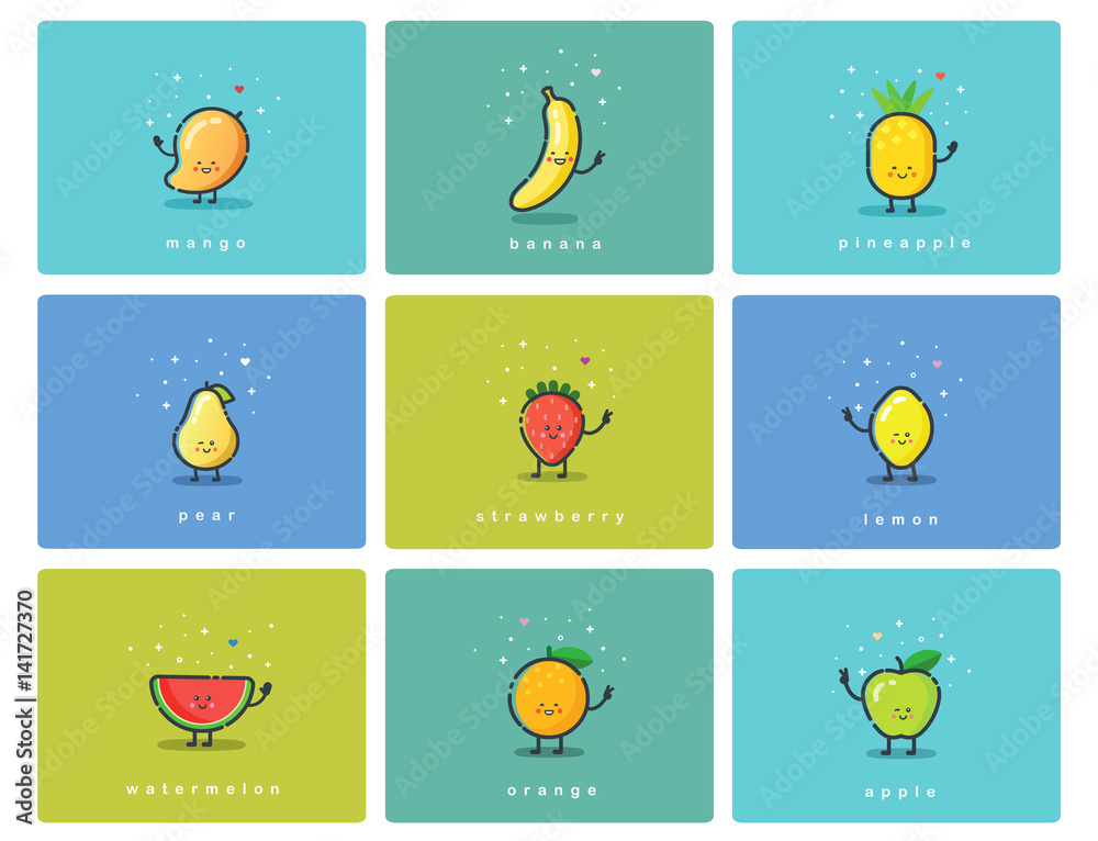 Vector set of fruit icons, cute cartoon food characters, baby meal illustration