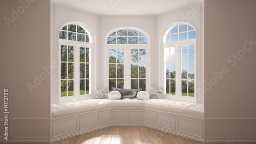 Big window with garden meadow panorama, minimalist empty space, background classic interior design