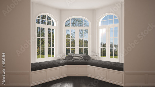 Big window with garden meadow panorama  minimalist empty space  background classic interior design