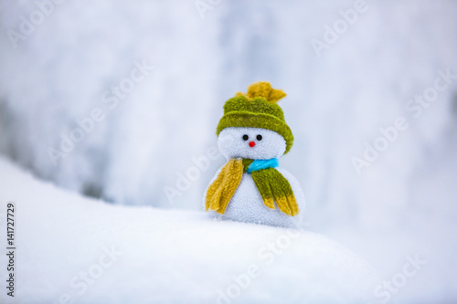 Snowman the friend is standing in nice hat and scarf with red nose.