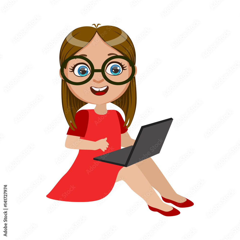Girl In Red Dress Sitting With Lap Top, Part Of Kids And Modern Gadgets Series Of Vector Illustrations Girl In Red Dress Sitting With Lap Top, Part Of Kids And Modern Gadgets Series Of Vector Illustrations