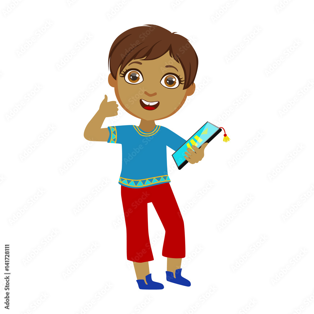 Boy Holding Tablet And Showing Thumbs Up, Part Of Kids And Modern Gadgets Series Of Vector Illustrations