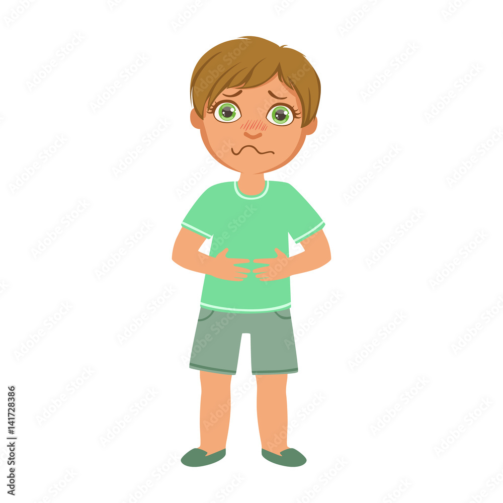 Boy With Stomach Cramps,Sick Kid Feeling Unwell Because Of The Sickness, Part Of Children And Health Problems Series Of Illustrations