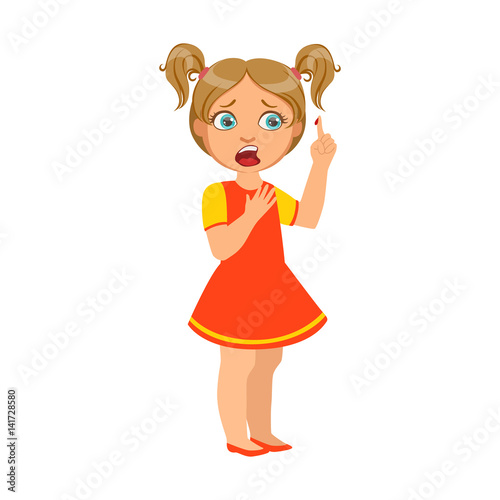 Girl With Finger Cut,Sick Kid Feeling Unwell Because Of The Sickness, Part Of Children And Health Problems Series Of Illustrations