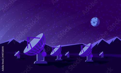 Flat style illustration with satellite dishes in the valley with mountains and moon on background. Radio telescopes track the stars at night.