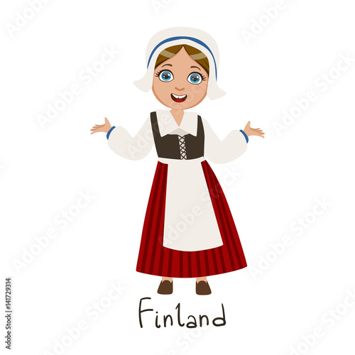 Girl In Finland Country National Clothes, Wearing Bonnet And Corset Traditional For The Nation