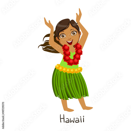 Girl In Hawaii Country National Clothes, Wearing Leaf Skirt And Neck Flower Garland Traditional For The Nation