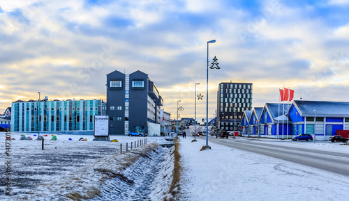Aqqusinersuaq the main street of Nuuk city covered in snow, Greenland