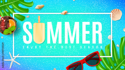 Beautiful summer background with seashells. Top view on composition with sun glasses, fresh cocktail and ice cream on blue backdrop. Vector illustration. Web banner of summer vacation.