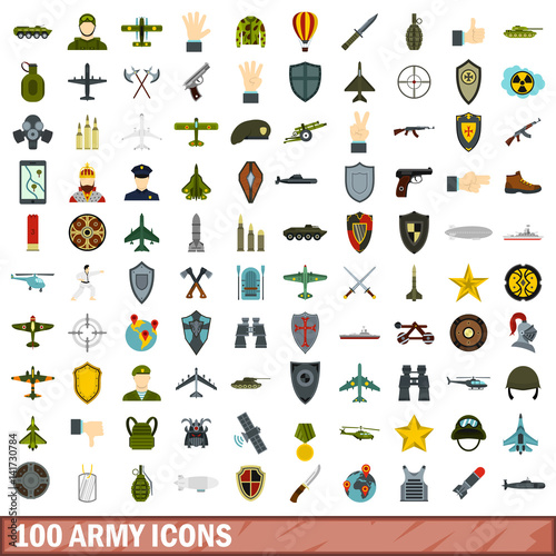 100 army icons set, flat style