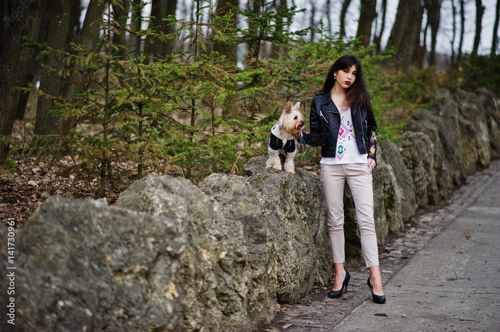 Brunette gypsy girl with yorkshire terrier dog posed against stones on park. Model wear on leather jacket and t-shirt with ornament, pants and shoes with high heels.
