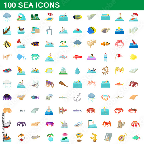 100 sea icons set, cartoon style