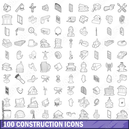 100 construction icons set, outline style