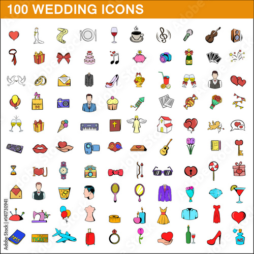 100 wedding icons set, cartoon style