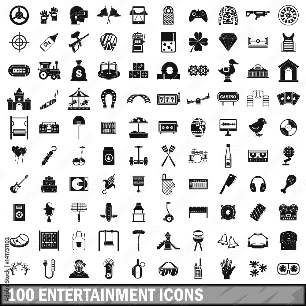 100 entertainment icons set, simple style 