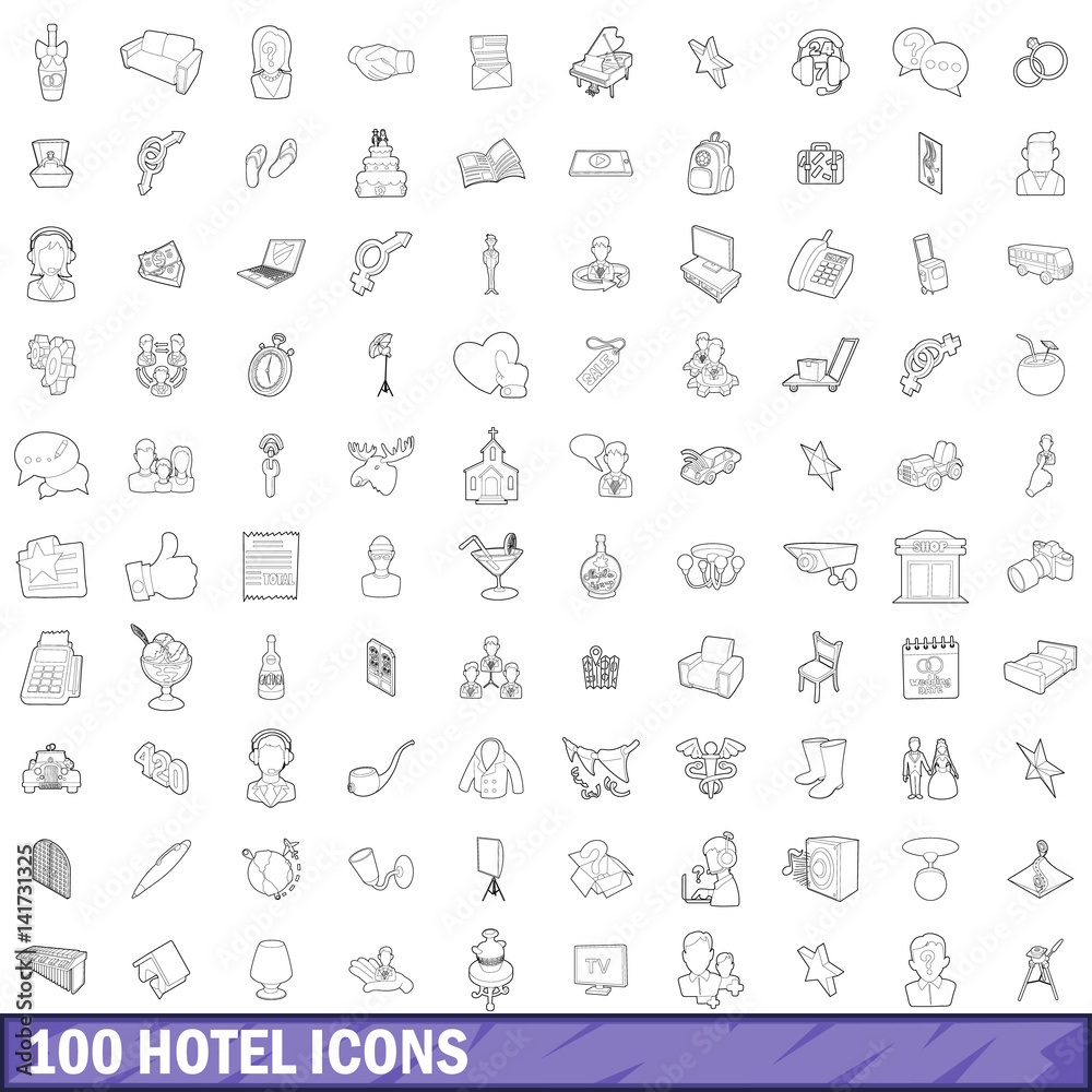 100 hotel icons set, outline style