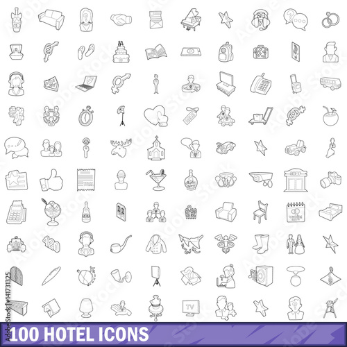 100 hotel icons set, outline style