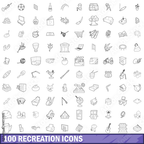100 recreation icons set  outline style