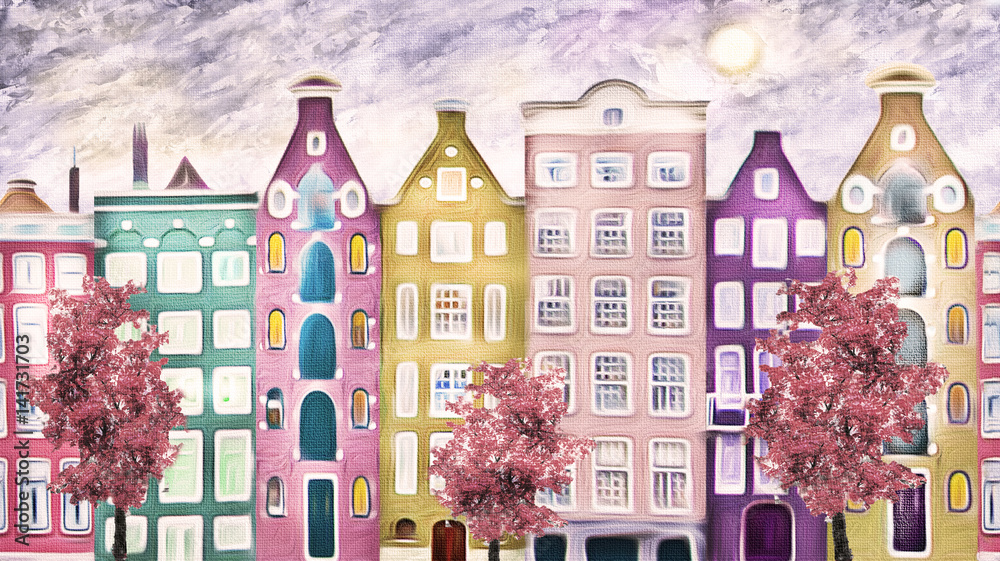 Obraz obraz olejny na płótnie, ulica Amsterdamu. nowoczesna grafika. dom. czerwone drzewo. Holandia