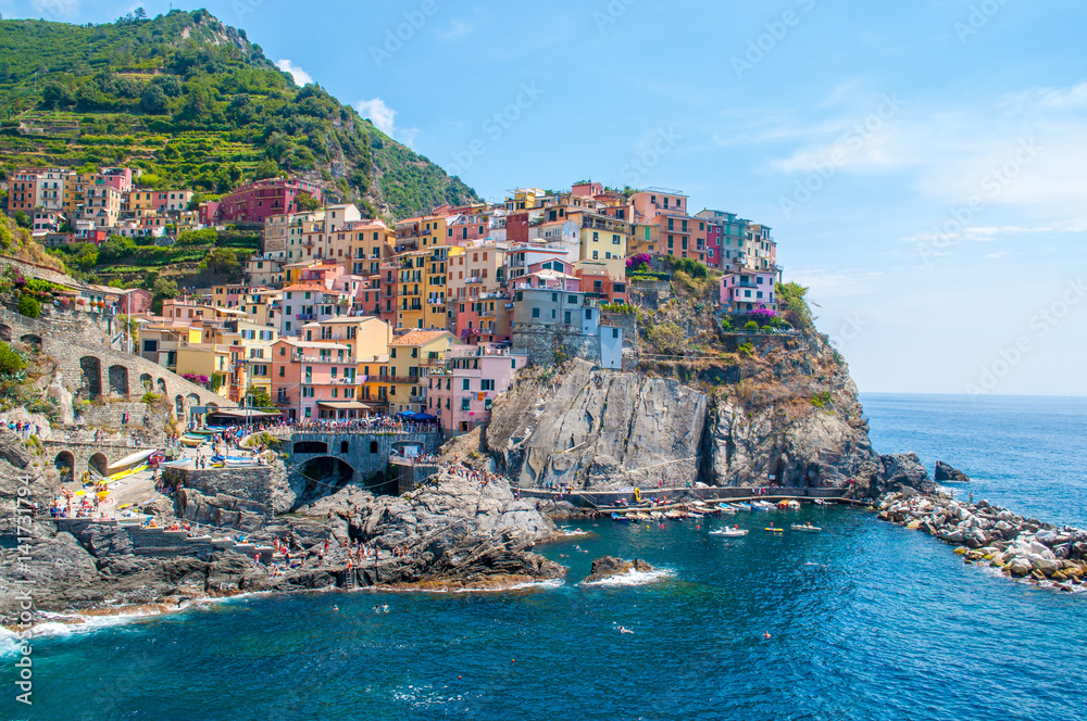 Vernazza village and harbour at Cinque Terre, Italy on a beautifull summer day