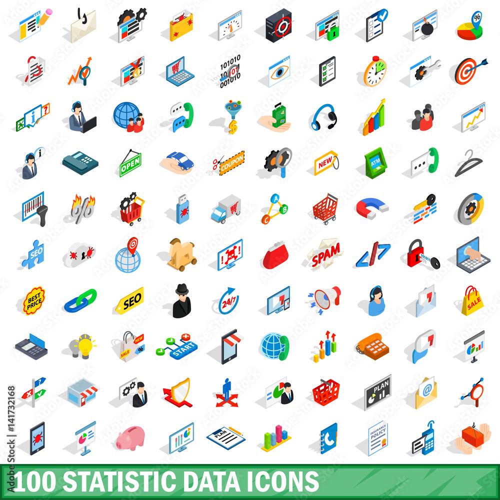 100 statistic data icons set, isometric 3d style 100 statistic data icons set, isometric 3d style