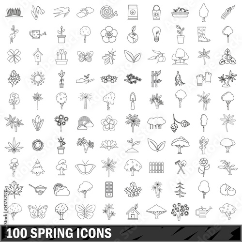 100 spring icons set, outline style