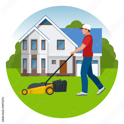 Man mowing the lawn with yellow lawn mower in summertime. Lawn grass service concept. Flat vector illustration