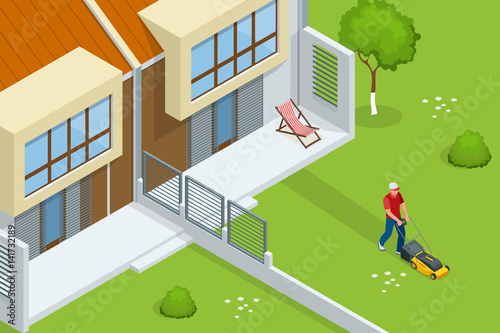 Man mowing the lawn with yellow lawn mower in summertime. Lawn grass service concept. Isometric vector illustration