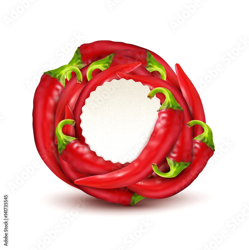 Vector background with red hot chili pepper placed in a circle and a round card for text. Isolate on white background.