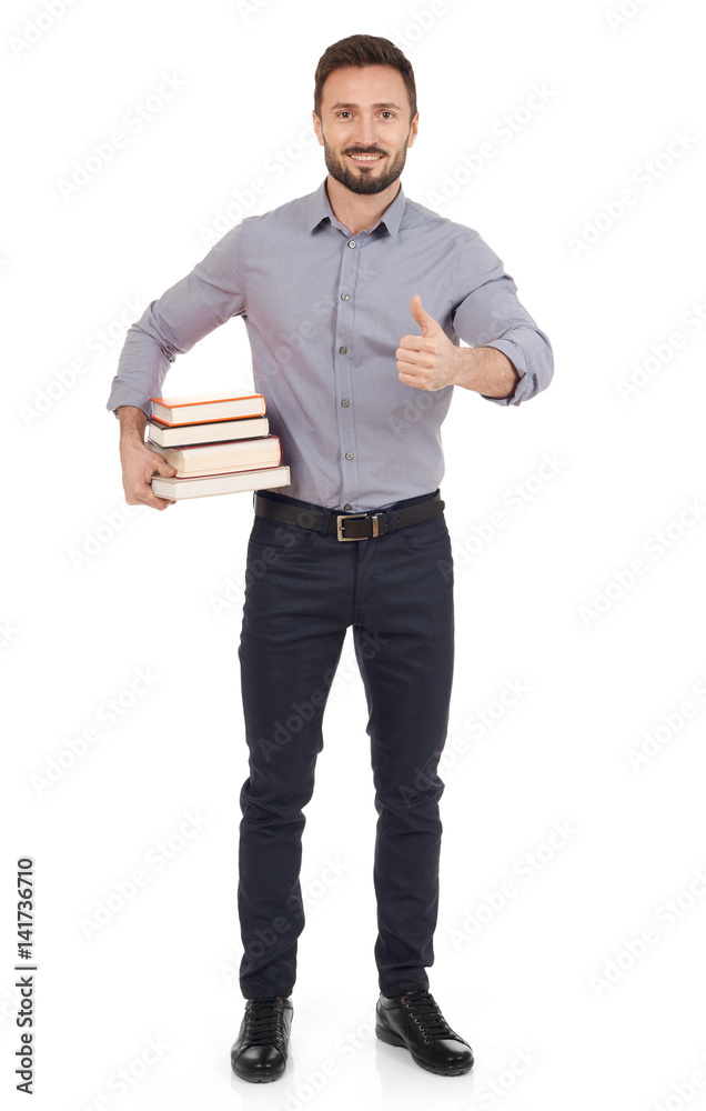 Man with stack of books Man with stack of books