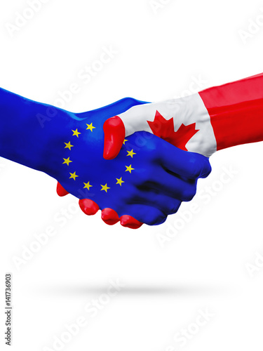 Flags European Union, Canada countries, partnership friendship handshake concept.