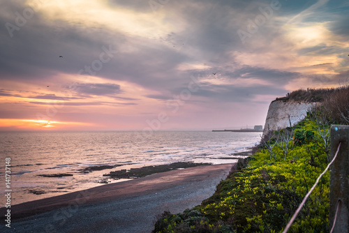 View of Rottingdean beach from the cliffs, at sunset