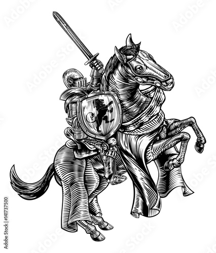 Knight on Horse Woodblock Engraving Style
