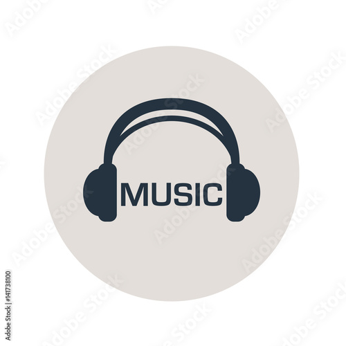 Icono plano auriculares con texto MUSIC en circulo gris