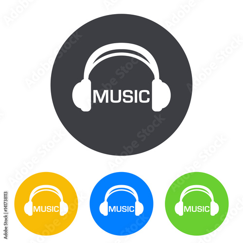 Icono plano auriculares con texto MUSIC en circulo varios colores