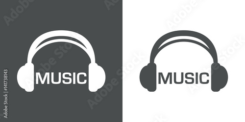 Icono plano auriculares con texto MUSIC gris y blanco