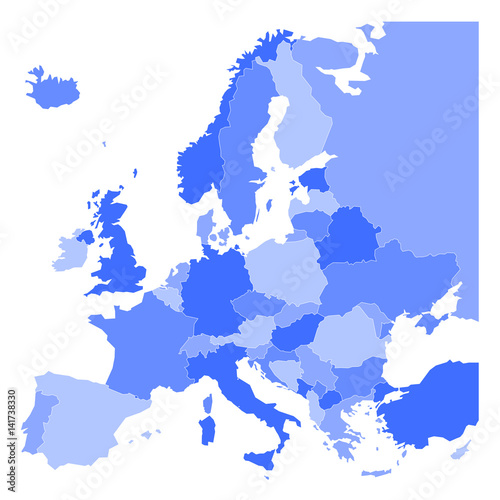 Political map of Europe in four shades of blue on white background. Vector illustration.
