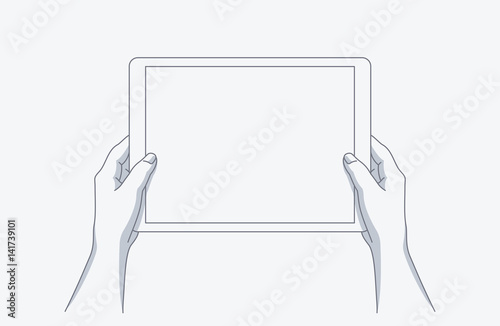 Hands holding a tablet. Line art modern vector illustration. Template for your design.