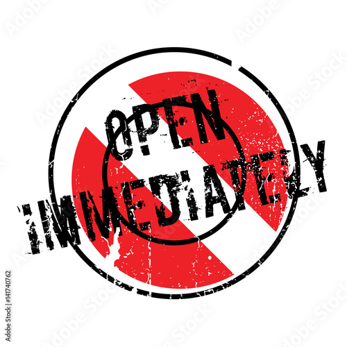 Open Immediately rubber stamp. Grunge design with dust scratches. Effects can be easily removed for a clean, crisp look. Color is easily changed.