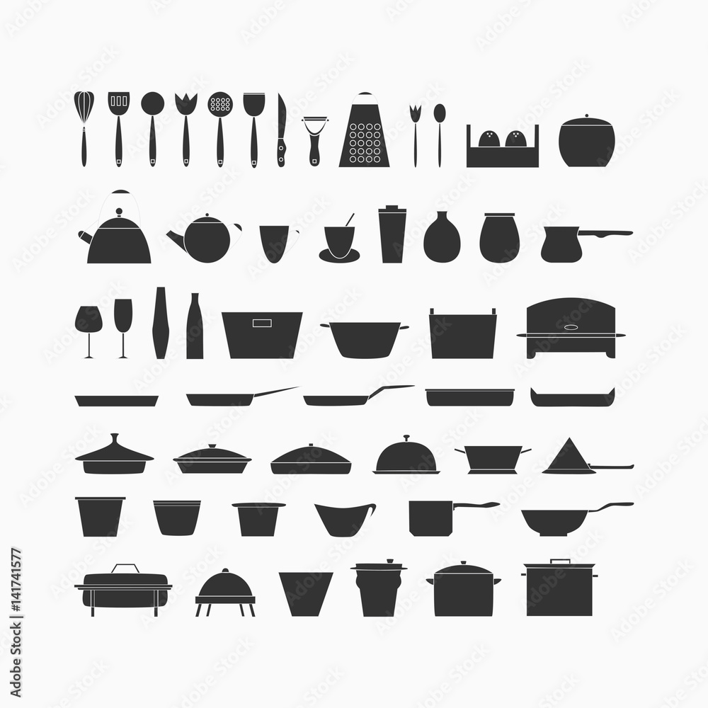 Kitchen dishes and utensils outline icons. Kitchen dishes and utensils outline icons.
