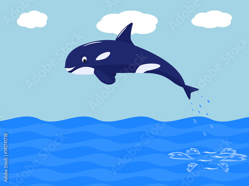 Vector funny cartoon whale jumps out of the water