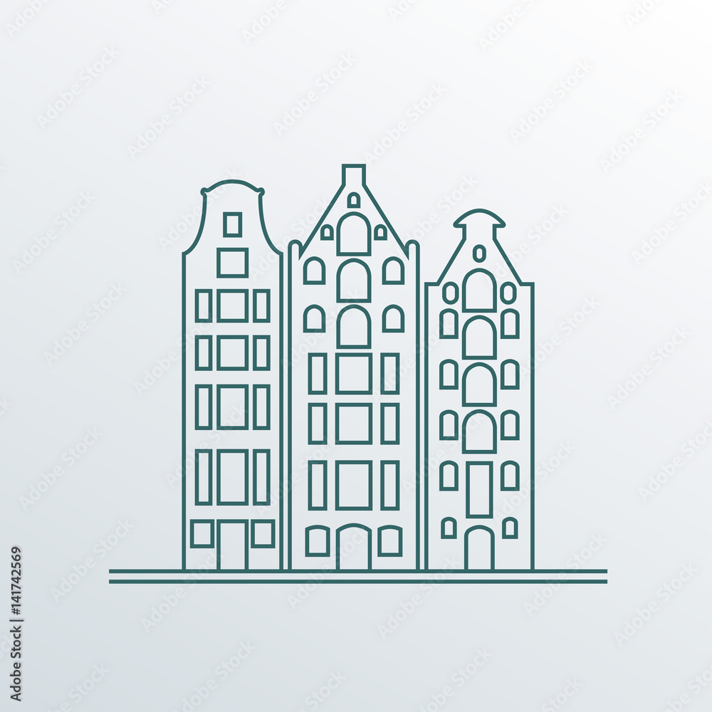 Buildings in old European style. City houses set. Landscape icon in line style. Vector illustration.