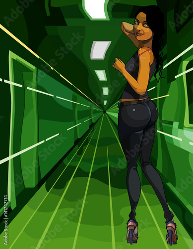 cartoon pretty woman looking back in the green tunnel