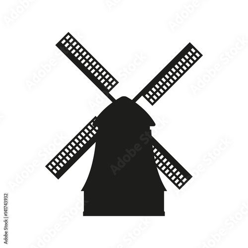 Windmill icon. Vector black silhouette of mill isolated on white background.