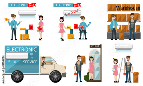 Set of Air conditioner installing at customer home. Home air conditioning service.Installer engineer.Vector/Illustration