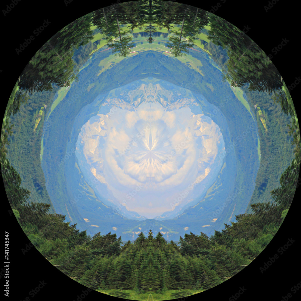 Spherical panorama: blue mountains, forest, grass, blue  sky on a black background