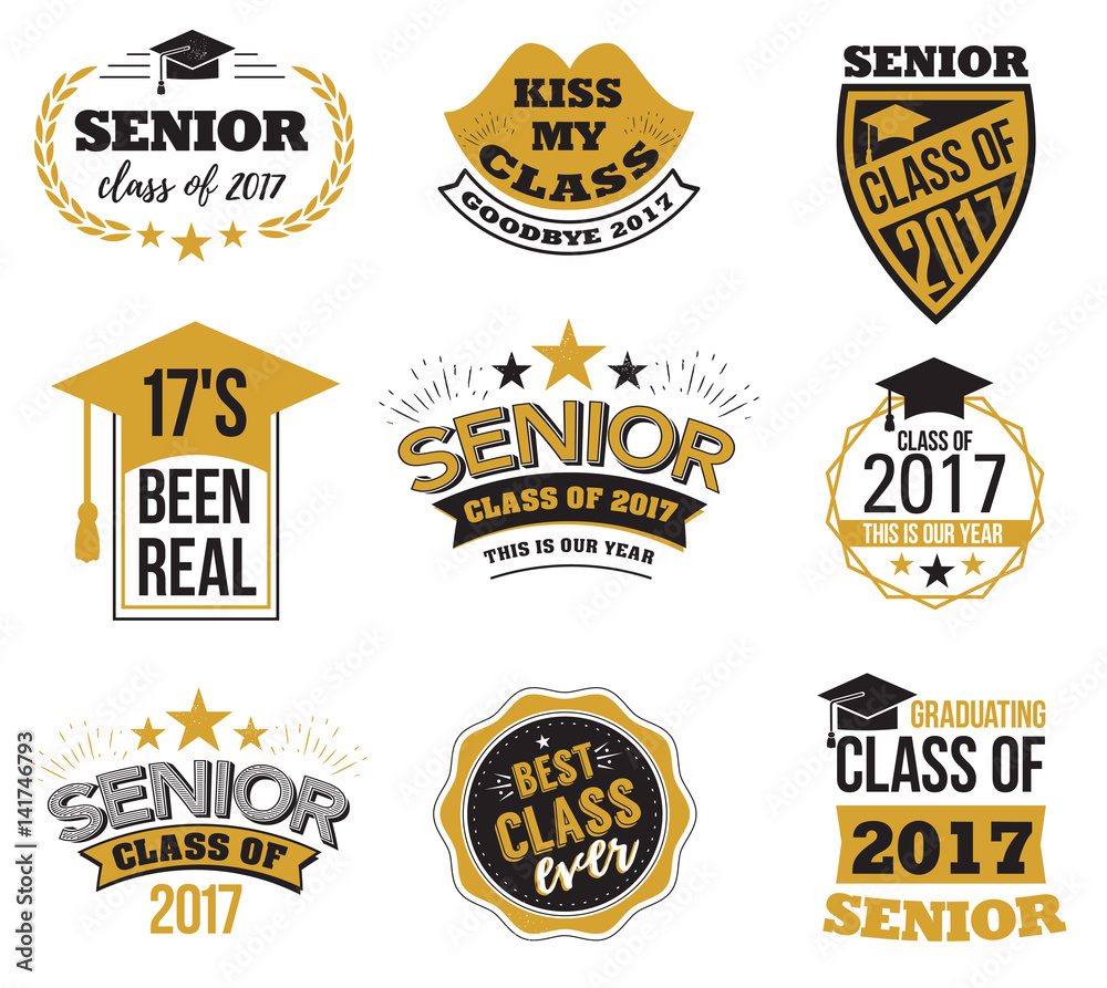 The set of black and gold colored senior text signs with the Graduation Cap, ribbon vector illustration. Class of 2017 grunge badges on white background. - obrazy, fototapety, plakaty 